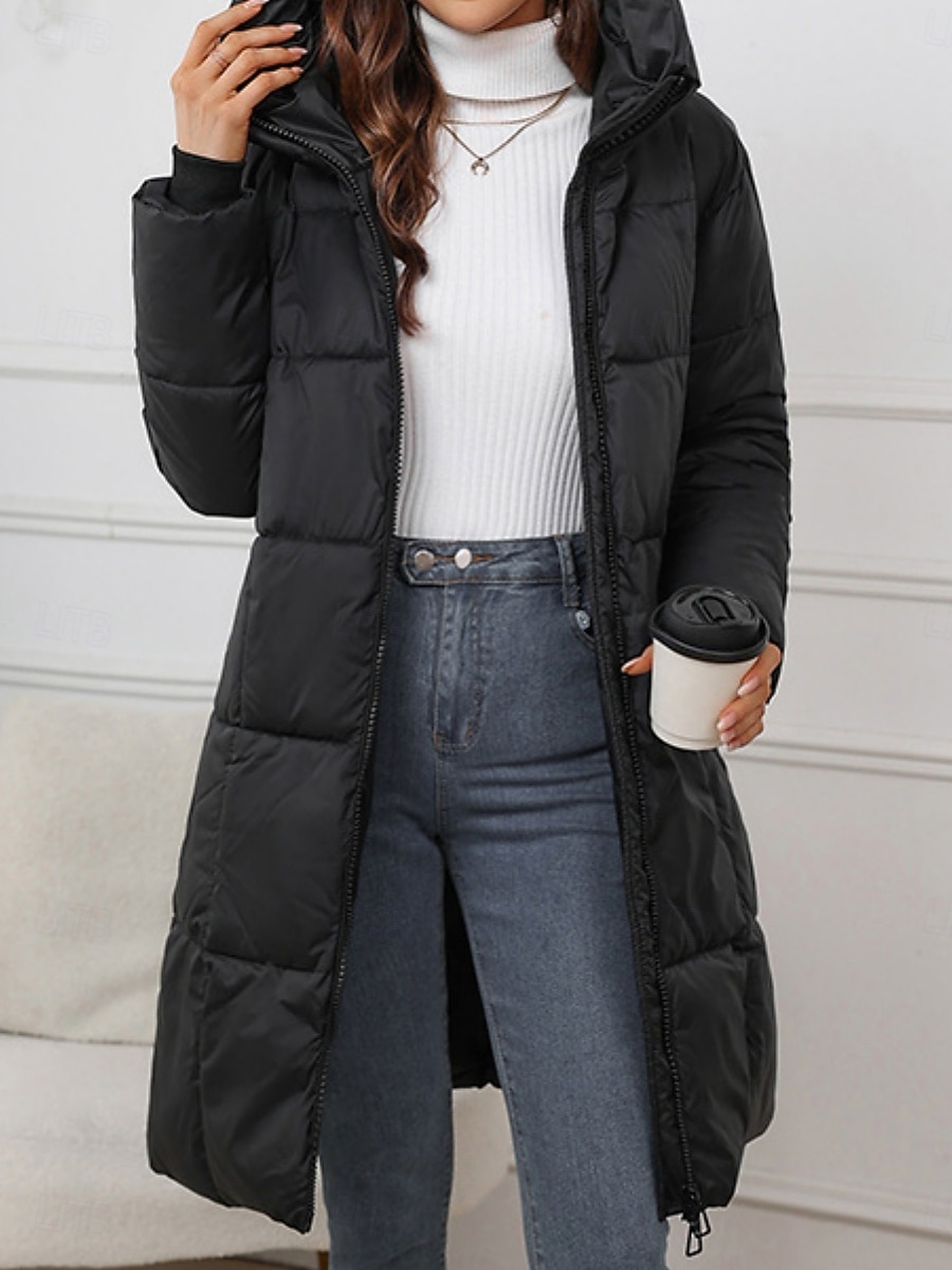 Women's Parka Comfortable Breathable Zipper Pocket Casual Plain Vacation Street Casual Daily Wear Zipper Long Hooded Regular Fit Long Sleeve Outerwear Black Red Khaki Spring Fall 2025 - $51.99 –P4