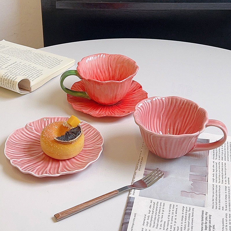 ceașcă de cafea din ceramică cu motive florale &farfurie, design creativ cu petale vintage franceze, pictate manual, sub glazură, set de ceai de după-amiază, cadou elegant pentru prieteni &familie 2026 - $21.99 –P1