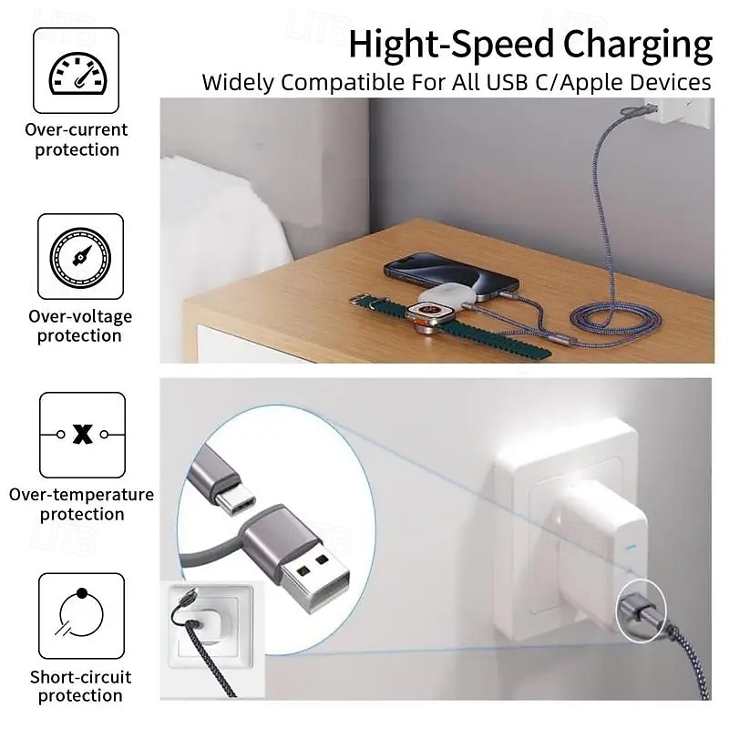 Необходимый дорожный кабель USB-C 3-в-2, подходящий для зарядки Apple Watch/iPhone 17/мультизарядный кабель Lightning, портативный, предназначенный для iWatch и iPhone 16 2025 - $18.99 –P7