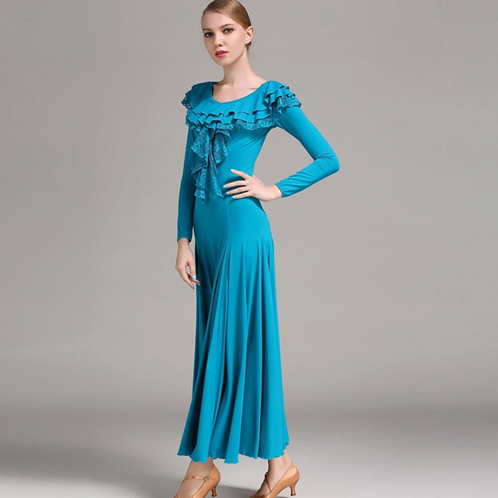 Elegant Blue Ballroom Dance Dress with Ruffled Neckline and Long Sleeves for Latin and Social Dancing 2026 - $116.99 –P4