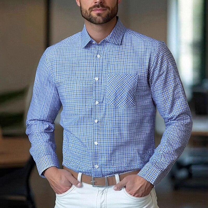 Men's Shirt Dress Shirt Button Up Shirt Plaid Wedding Daily Blue Sky Blue Dark Blue Long Sleeve Turndown Spring Fall Clothing Apparel Front Pocket 2026 - $30.99 –P1