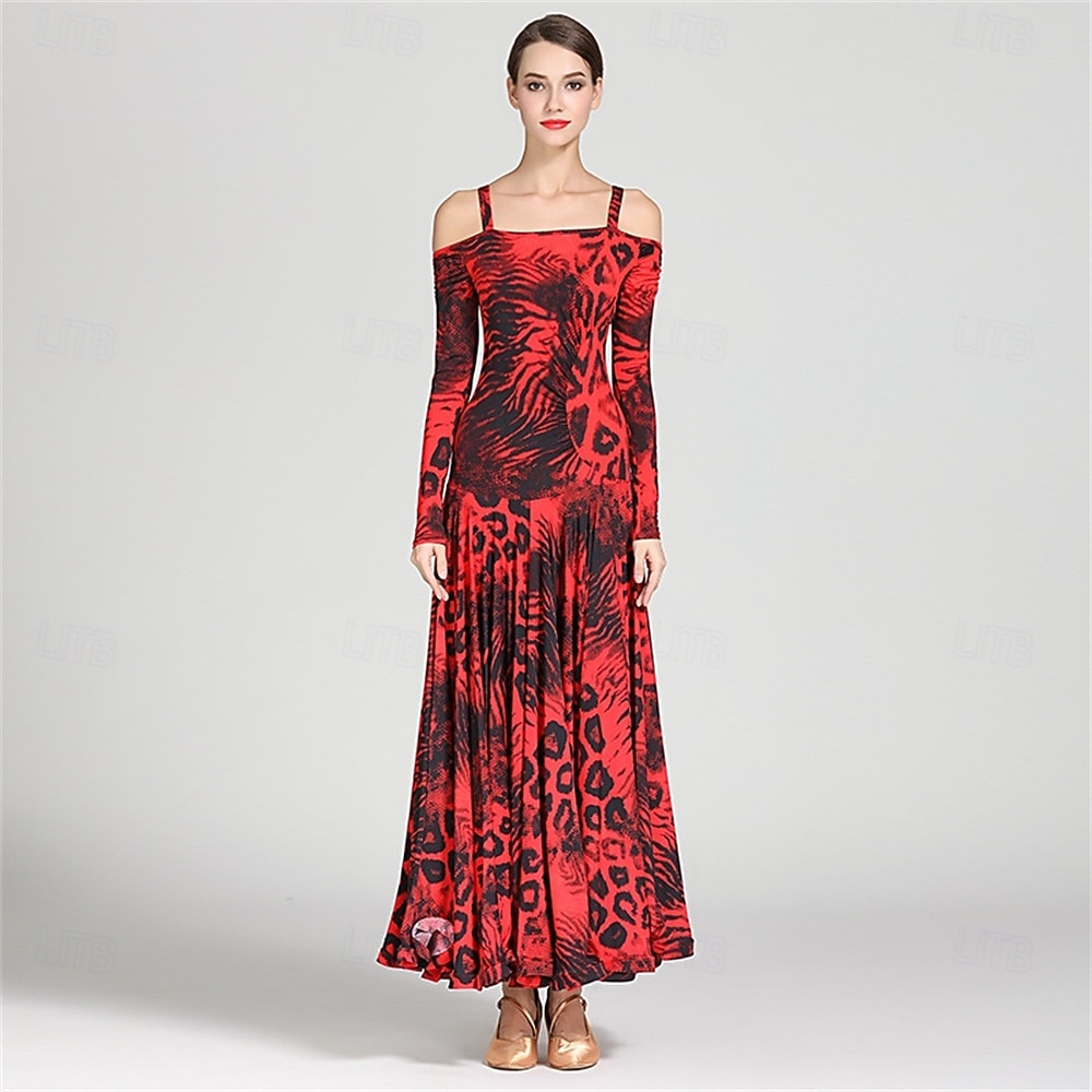 Animal Print Off-Shoulder Ballroom Dance Dress for Women - Long Sleeve A-Line Gown for Competitions, Latin, and Dance Events 2026 - $131.99 –P1