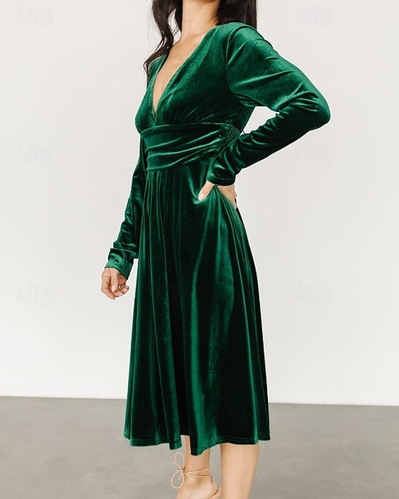 Damen Midikleid Samtkleid Partykleid Cocktailkleid Elegant Modern Party Abendgesellschaft Normale Passform Einfach Langarm V Ausschnitt Schwarz Rote Dunkelgrün Herbst Winter 2025 - $32.39 –P3
