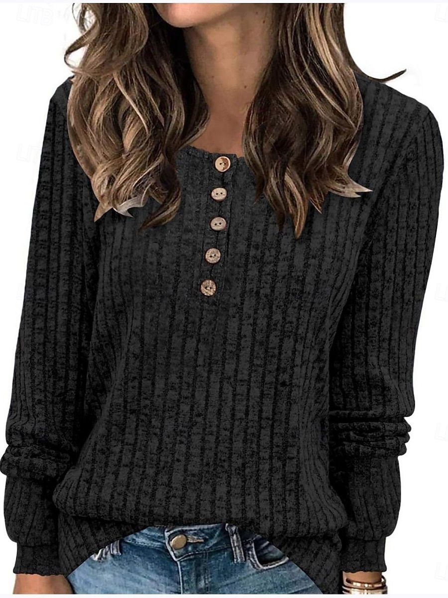 Dam Blus Ensfärgat Stylish Ledigt Långärmad Rund hals Vanliga toppar Dagligen Knappar Svart Gul Ljusgrön Rubinrött Blå Vår Höst Vinter 2025 - $9.99 –P4