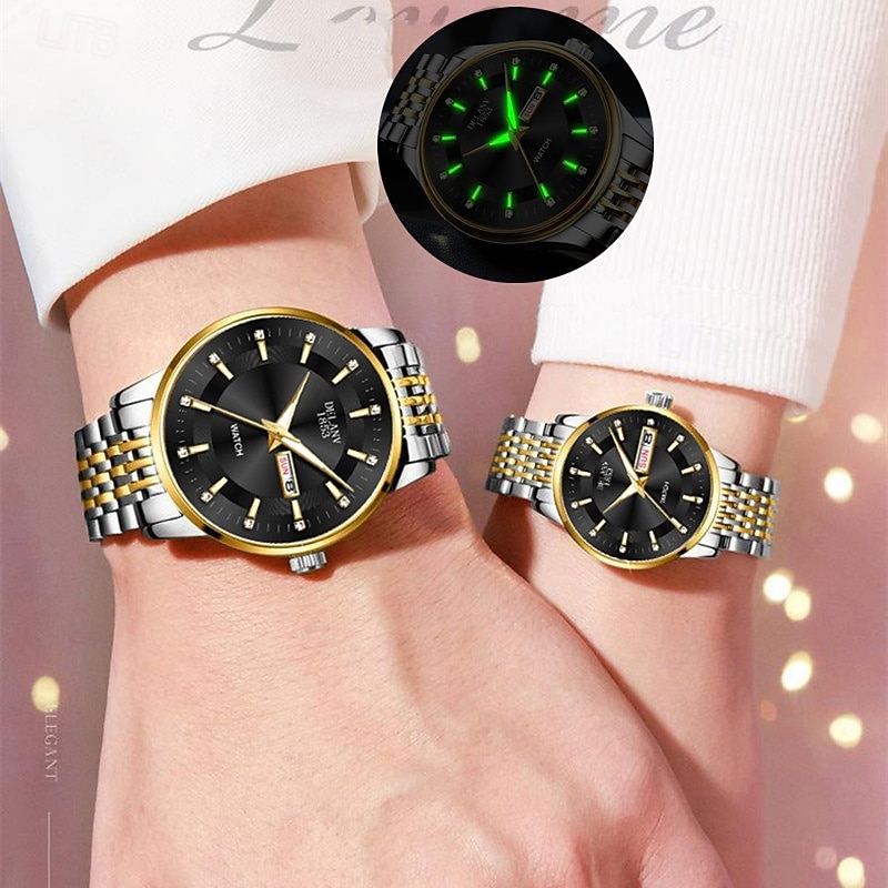 Două ceasuri noi și la modă cu cuarț pentru cupluri - carcasă din oțel inoxidabil, rezistență la apă IPX7, calendar dublu luminescent, dată și afișaj duminică/luni, curea din aliaj - cadou ideal 2025 - $24.99 –P13