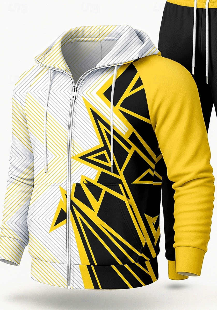 Homens Moletom Agasalho de 2 peças Conjuntos de moletom Com Cordão Zip Up Geométrica Conjuntos Outono Amarelo Vocação Exterior Viagem Leve Da Moda Manga Longa Esporte Roupas Esportivas Com Stretch de 2025 por $41.99 –P3