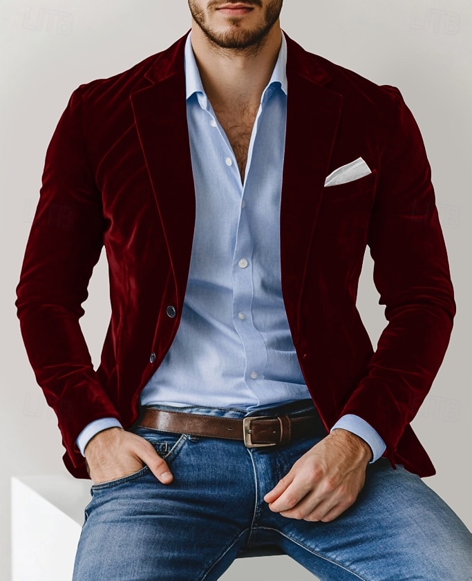 Blazer en velours pour homme, col cranté, style classique et décontracté, couleur unie, bordeaux, bleu, vert, coupe ajustée, simple boutonnage, deux boutons. de 2025 ? $79.99 –P2