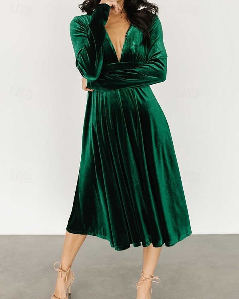 Damen Midikleid Samtkleid Partykleid Cocktailkleid Elegant Modern Party Abendgesellschaft Normale Passform Einfach Langarm V Ausschnitt Schwarz Rote Dunkelgrün Herbst Winter 2025 - $32.39 –P1