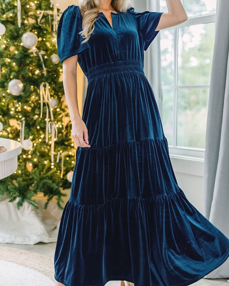 Női Midi ruha Karácsonyi ruha Bársony ruha Party ruha Koktélruha Elegáns Modern Parti Születésnap Estély Normál Sima Rövid ujjú V-alakú Bor Katonai zöld Sötétkék Sötétzöld Tavasz Ősz 2025 - $41.99 –P11