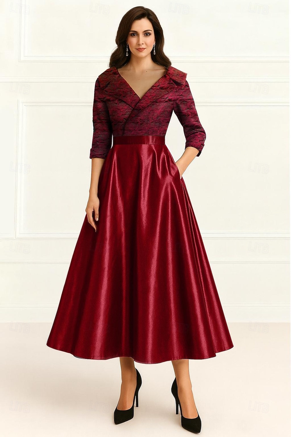 A-Line Tea Length Party Dress Cocktail Dress Wedding Guest Dress Mother of the Bride Dress 3/4 Length Sleeve V Neck Elegant Formal Wedding Guest with Side-Draped 2026 - $165.59 –P4