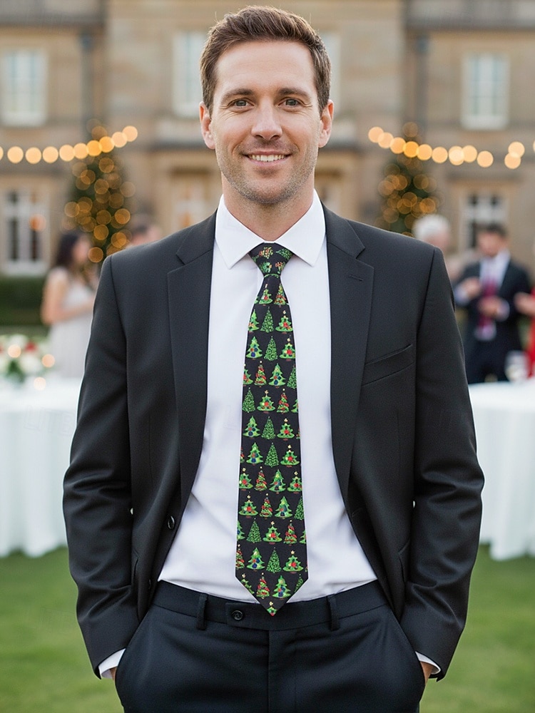 Juleslips i polyestersilke for menn – morsomme nisse- og juletremønstre, perfekt for høytidsfester, julearrangementer og festlige anledninger 2026 - $11.99 –P2