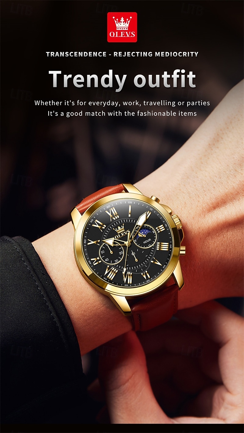 The New Olevs Brand Men'S Business Watch With Luminous Small Three Hands Moon Phase Display Multi-Functional Chronograph Three-Eye Casual Waterproof And Fashionable Quartz Watch Men'S Sports Wrist 2025 - $28.99 –P16
