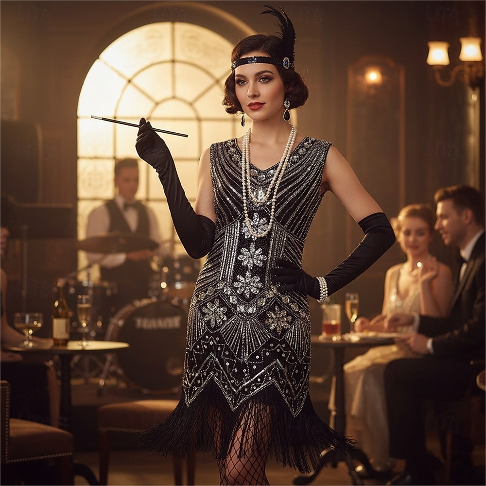 Conjunto Rugido 20s 1920s Hasta la Rodilla Vestido Flapper Vestido Cóctel Disfraz de lujo con accesorios Sin Mangas El gran Gatsby Chica de la aleta Lentejuelas Borlas Escote en Pico Disfraz Mujer 2026 - $50.99 –P9