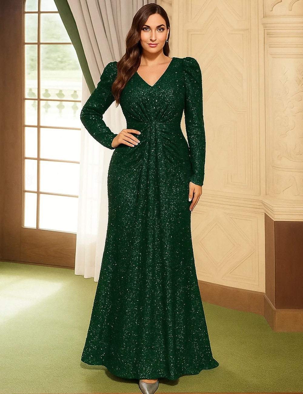 A-Linie Brautmutterkleid Elegant Vintage Übergröße V Ausschnitt Bodenlang Paillettenbesetzt Langarm mit Paillette 2025 - $104.99 –P1