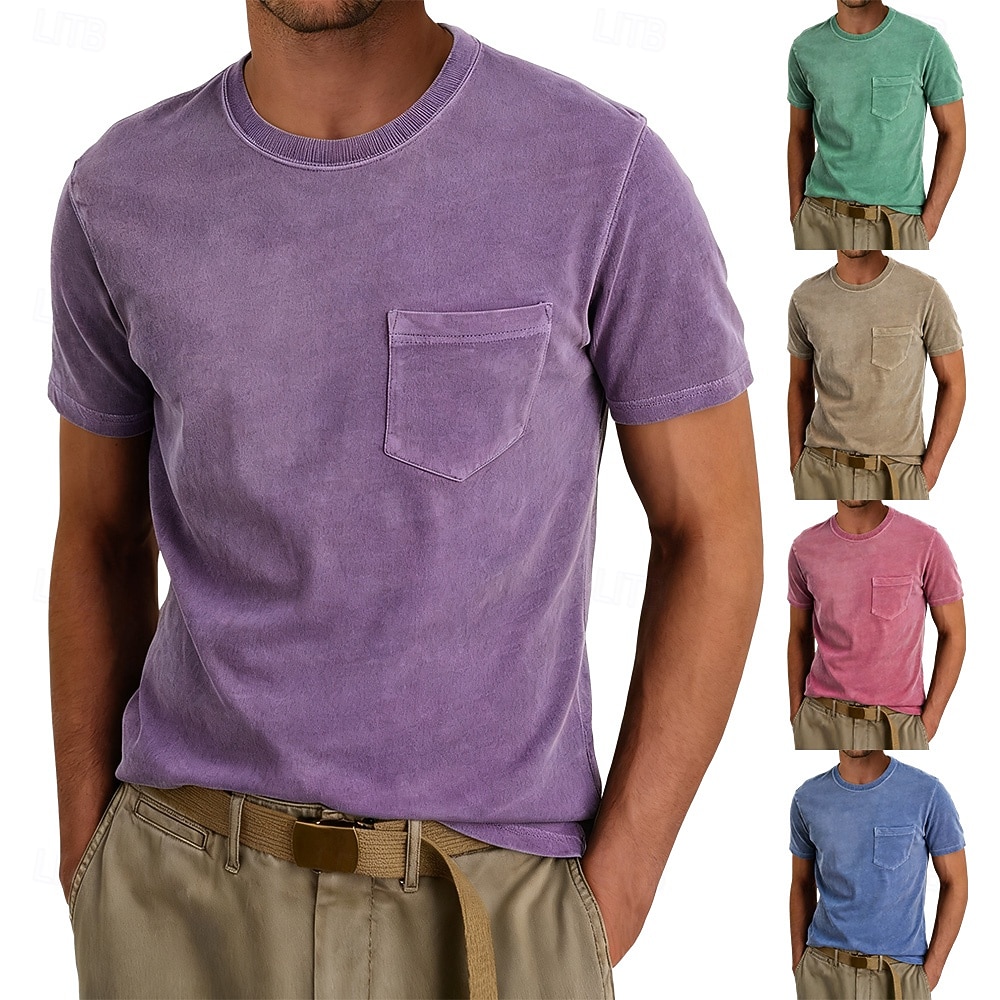 Herr T-shirt Tvätta skjorta i 100 % bomull Kortärmad Rund hals Sommar Vår Alla årstider Ensfärgat Elegant Vintage Neutral Ficka Crewneck Urblekt Ledigt Hem Utomhus Ljusblå Aprikos Svart Topp t-shirt 2026 - $20.99 –P1