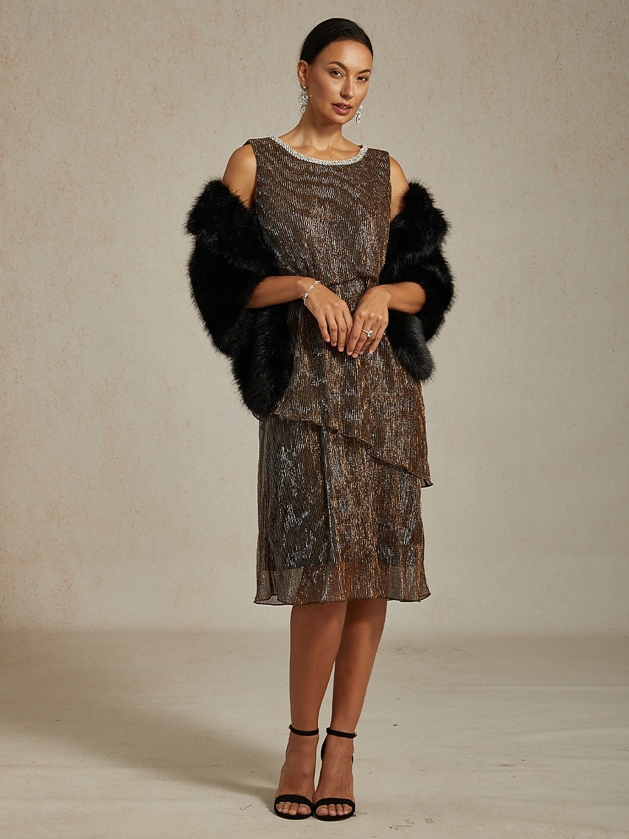 Dame Midikjole Skiftkjole Plissert kjole Grime kjole Elegant Fest Formelt Fest Bryllupsgjest Cocktailfest Normal Helfarge Ermeløs Crew-hals Brun Sommer Vår Høst Vinter 2025 - $141.99 –P4