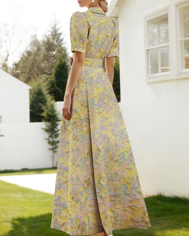 Linha A Longo Vestidos de noite Vestido de Baile Vestido formal Elegante Vintage Manga Curta Colarinho de Camisa Casamento Formal Fibra Sintética com Estampa floral Fenda Bolsos de 2026 por $186.99 –P13