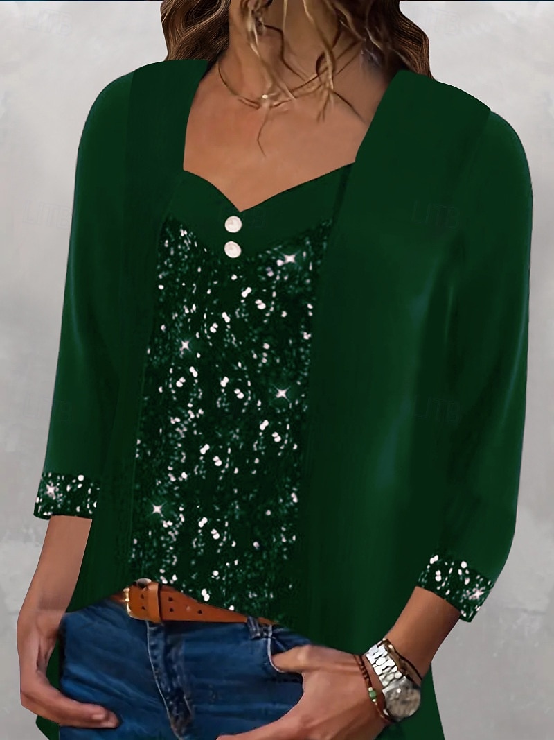 Kerstmis Vrouwen Blouse Effen Kleur Elegant Stijlvol Basis Lange Mouwen Vierkante Hals Standaard Tops Dagelijks Sequins Patchwork Zwart Wijn Paars Groen Lente Herfst Winter 2025 - $36.99 –P11