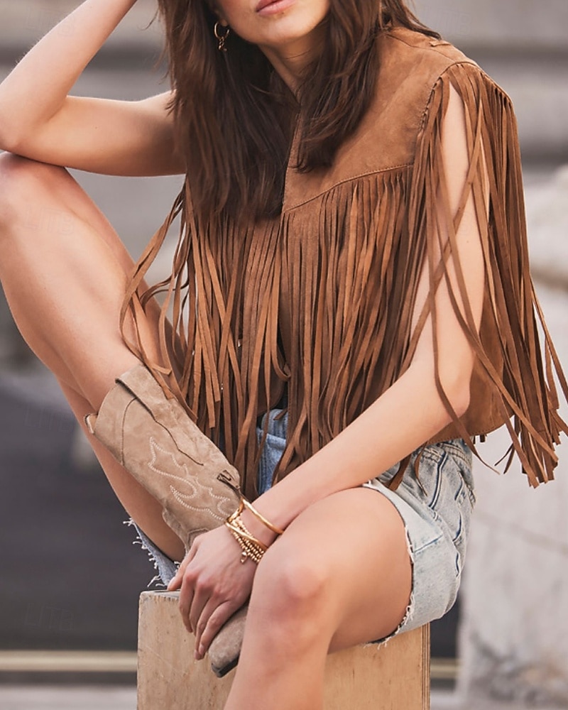 Damskie Bluzka Frędzel Równina Zachodni Bez rękawów W serek Zwykłe topy Święto Wyjściowe Czarny Jasnobrązowy Lato Wiosna 2026 - $32.99 –P10