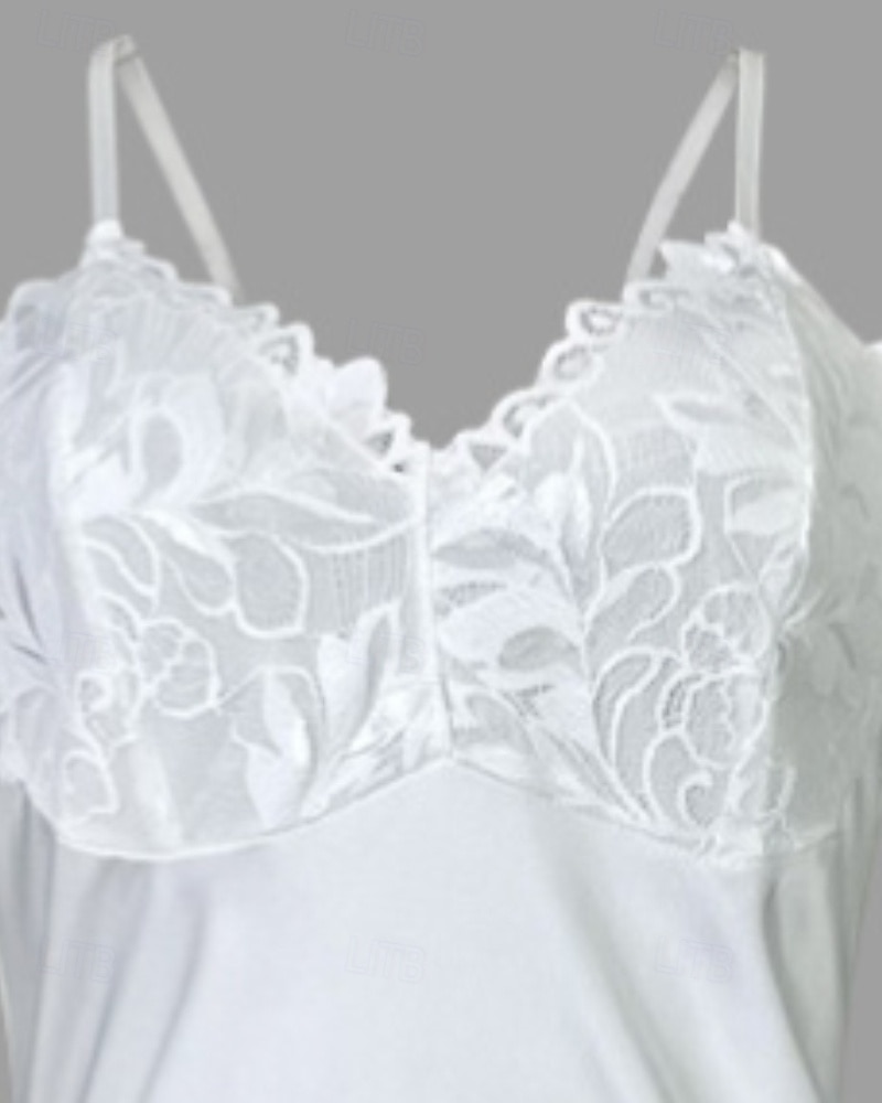 2026年 女性用 ローブ あたたか ファッション カジュアル ピュアカラー サテンシルキーパジャマ レース ドレス 家 ベッドサイド 長袖 クルーネック ホワイト 夏 春 レギュラー  コレクション – $43.99 –P9