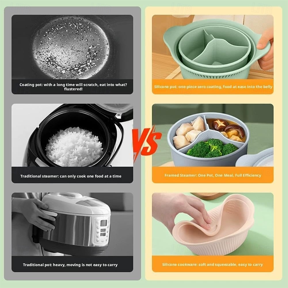 סיר אידוי סיליקון למיקרוגל 42oz, 3 תאים, סיר אידוי סיליקון 4 ב-1 עם ידית ומכסה לירקות, דגים, הכנת ארוחות, מזון לתינוקות, תנור &בטוח למדיח כלים, קל לניקוי 2026 - $15.99 –P9