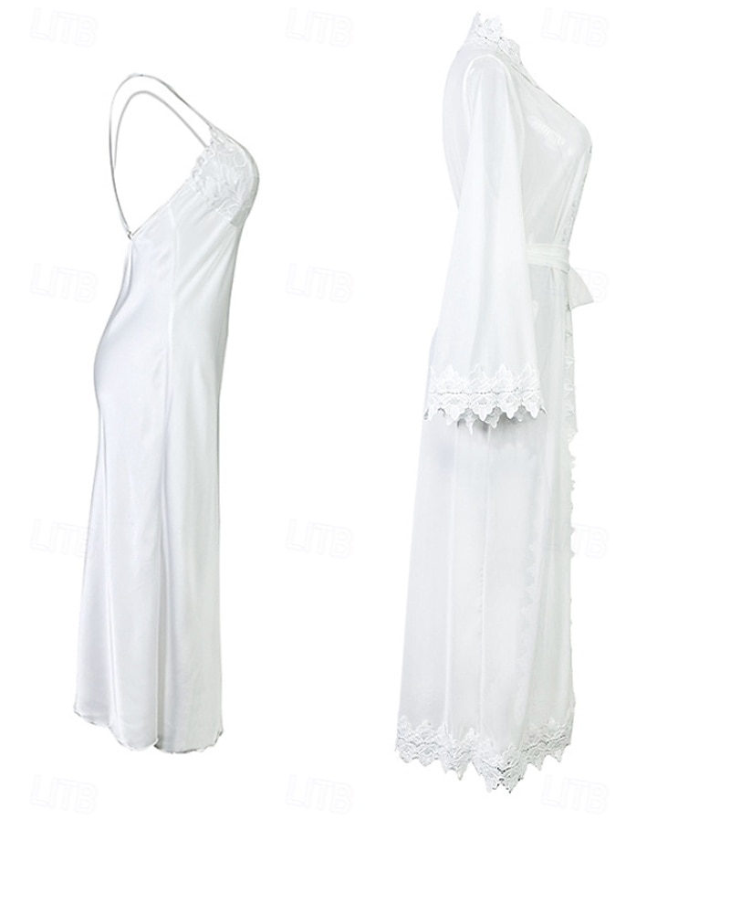 2026年 女性用 ローブ あたたか ファッション カジュアル ピュアカラー サテンシルキーパジャマ レース ドレス 家 ベッドサイド 長袖 クルーネック ホワイト 夏 春 レギュラー  コレクション – $43.99 –P7