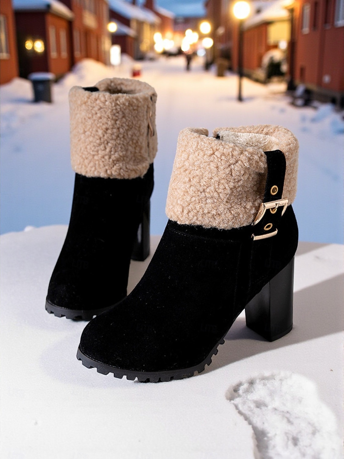 حذاء نسائي بكعب من الجلد المدبوغ باللون الأخضر مع أطراف من الفرو الصناعي، كعب سميك عصري، مثالي لقضاء العطلات الشتوية وحفلات الكريسماس والمناسبات الاحتفالية 2026 - $54.99 –P4