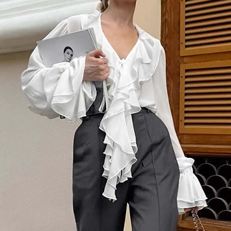 Per donna Elegant Top in raso Blusa Top in chiffon Arricciato Volant Patchwork Tinta unica Elegante Casual Spiaggia Manica Lunga Scollo a V Top Regolari Quotidiano Ferie Uscire Bianco Vino Primavera del 2026 a $41.99 –P4