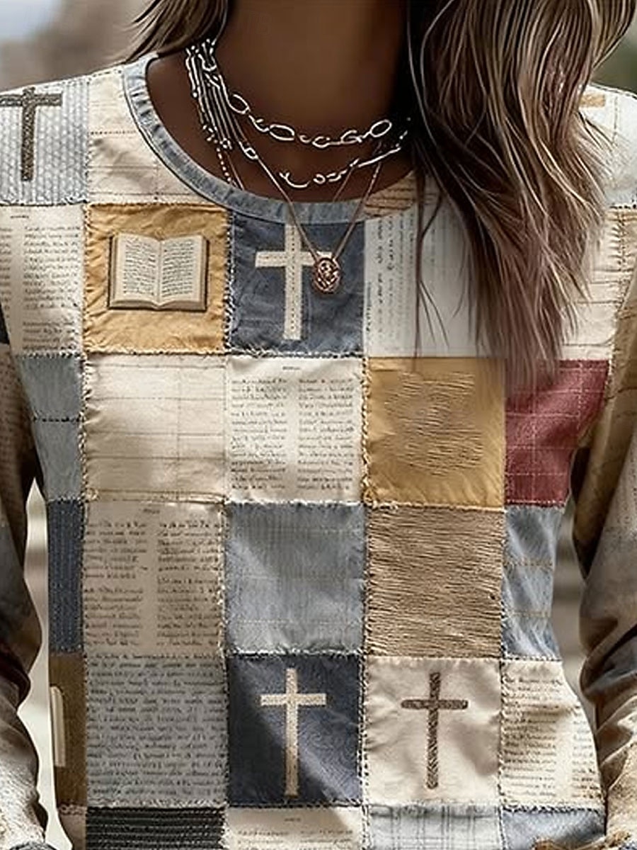 Damskie Podkoszulek Nadruk Graficzny Geometryczny Zabytkowe Moda Elegancki Długi rękaw Półgolf Okrągły dekolt Zwykłe topy Codzienny Weekend Beżowy Jesień Zima 2026 - $24.99 –P2