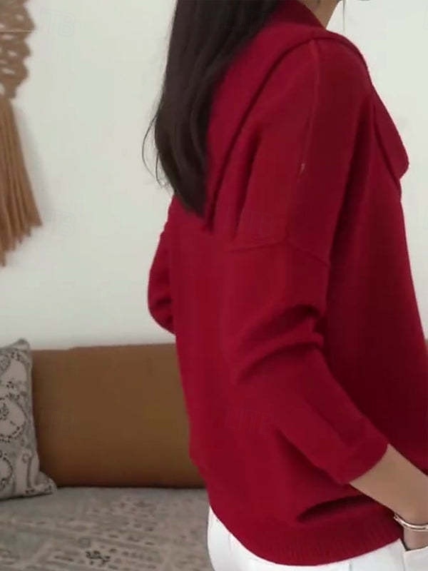 Women's Sweater Elegant Casual Soft Pure Color Ribbed Cowl Knitted Long Sleeve Regular Tops Knit Daily Outdoor Weekend Red Fall Winter 2026 - $36.99 –P2