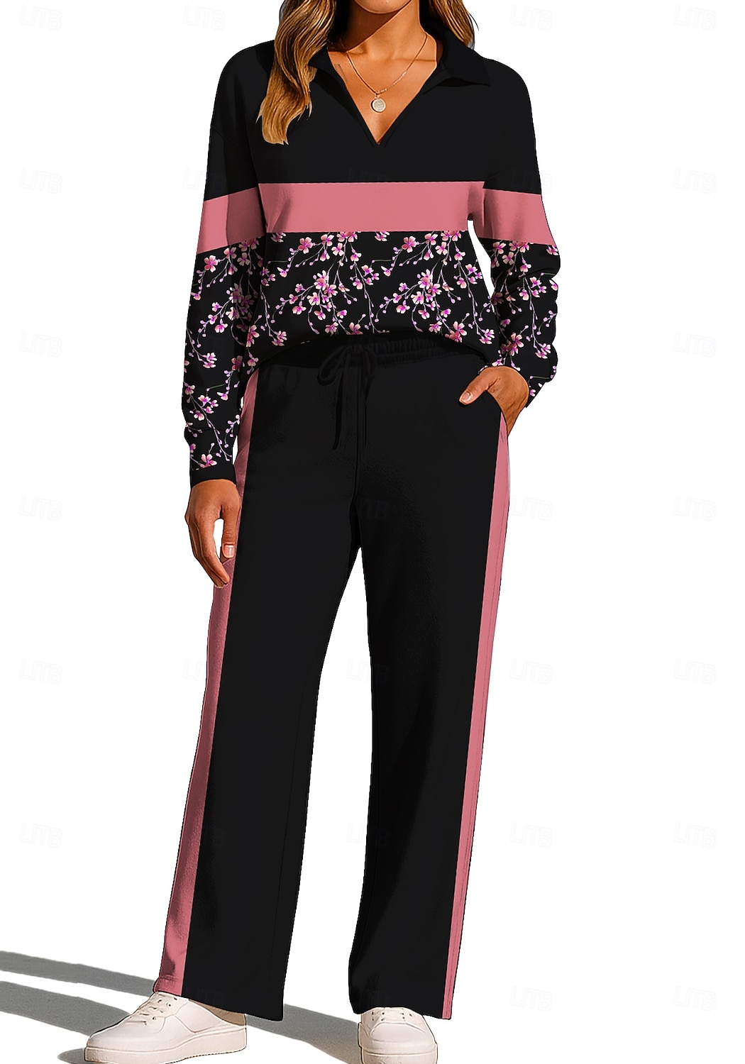 Women's Sweatshirt Tracksuit Sweatpants Drawstring Pocket Floral Jacket and Sweatpants Athletic Clothing Set Loungewear Summer Spring Fall Winter Blue / Black Violet Gym Workout Casual Workout 2026 - $44.99 –P6