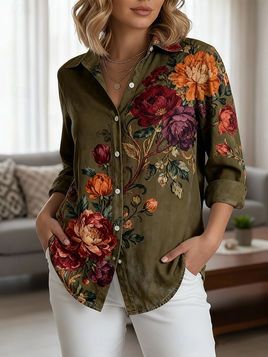 Femmes Chemise Boutons Imprimé Fleuri Élégant Occasionnel manche longue Col de chemise Hauts Réguliers Quotidien Travail Fête Vin bleu marine Vert Printemps Automne de 2026 ? $38.99 –P1