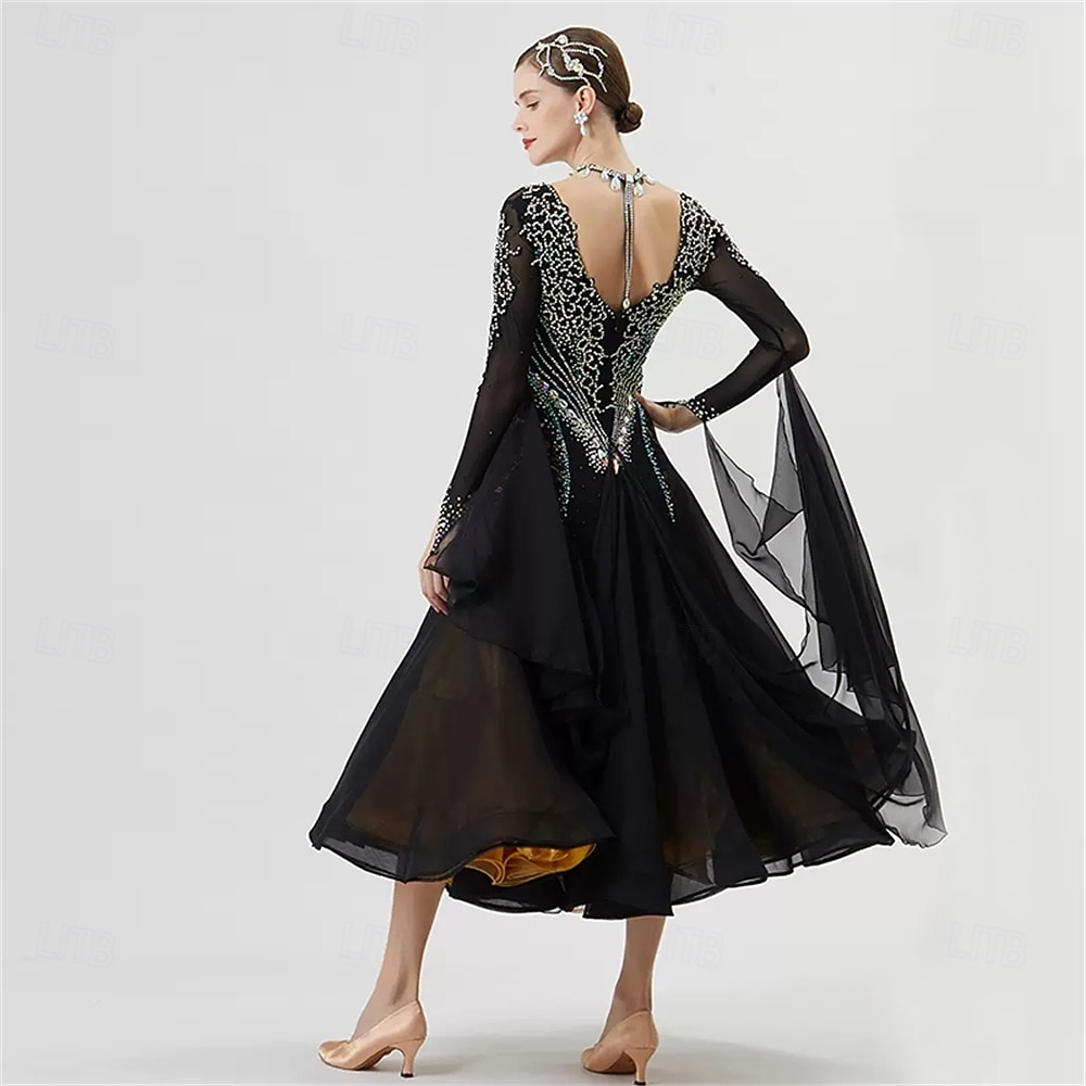 Women's Ballroom Dance Dress Rhinestone Mesh Long Sleeve Waltz Tango Competition Performance Gown with Layered Gold Hem – Black Gold 2025 - $590.89 –P3