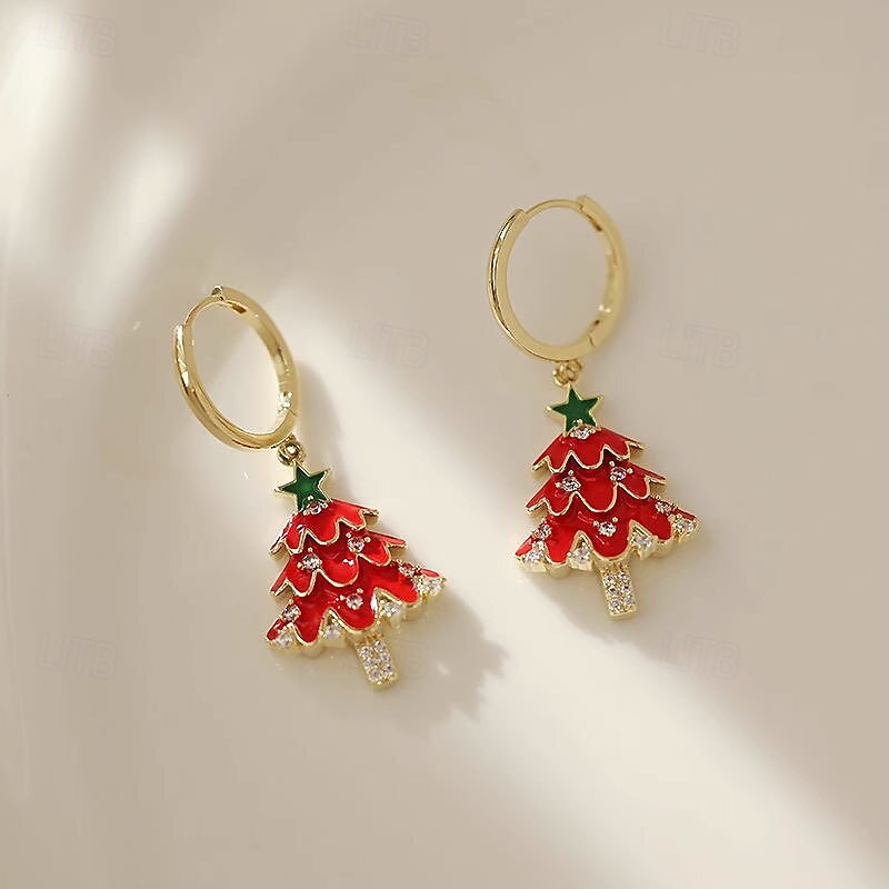 Pendientes festivos de árbol de Navidad rojo con brillantes diamantes de imitación y estrella verde. 2026 - $11.99 –P3