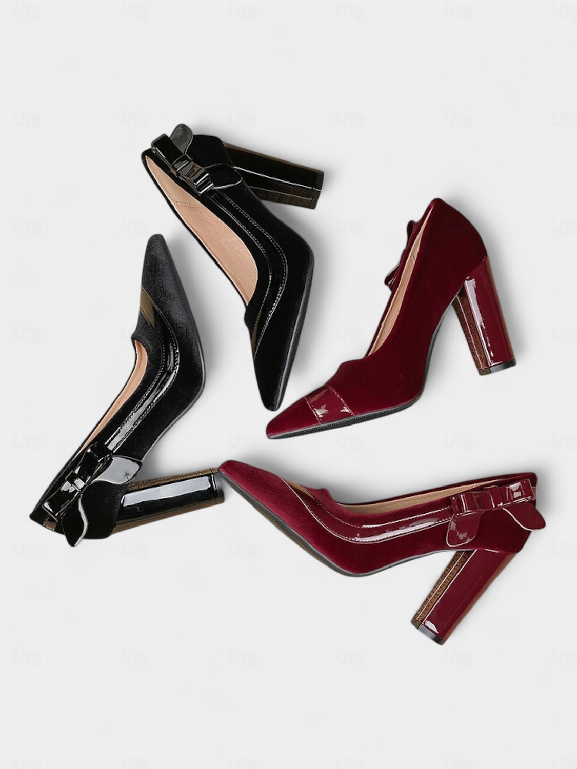 Escarpins à talons hauts en velours bordeaux pour femmes avec accents en cuir verni et détail nœud, élégants et stylés, parfaits pour les fêtes, Noël et les occasions formelles de 2026 ? $46.99 –P3