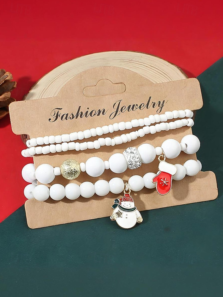 Женский рождественский браслет из бисера с подвесками в виде Санты, оленей и снеговика, красно-зеленые эластичные браслеты с жемчугом, праздничный подарок на праздник для нее 2025 - $3.99 –P8