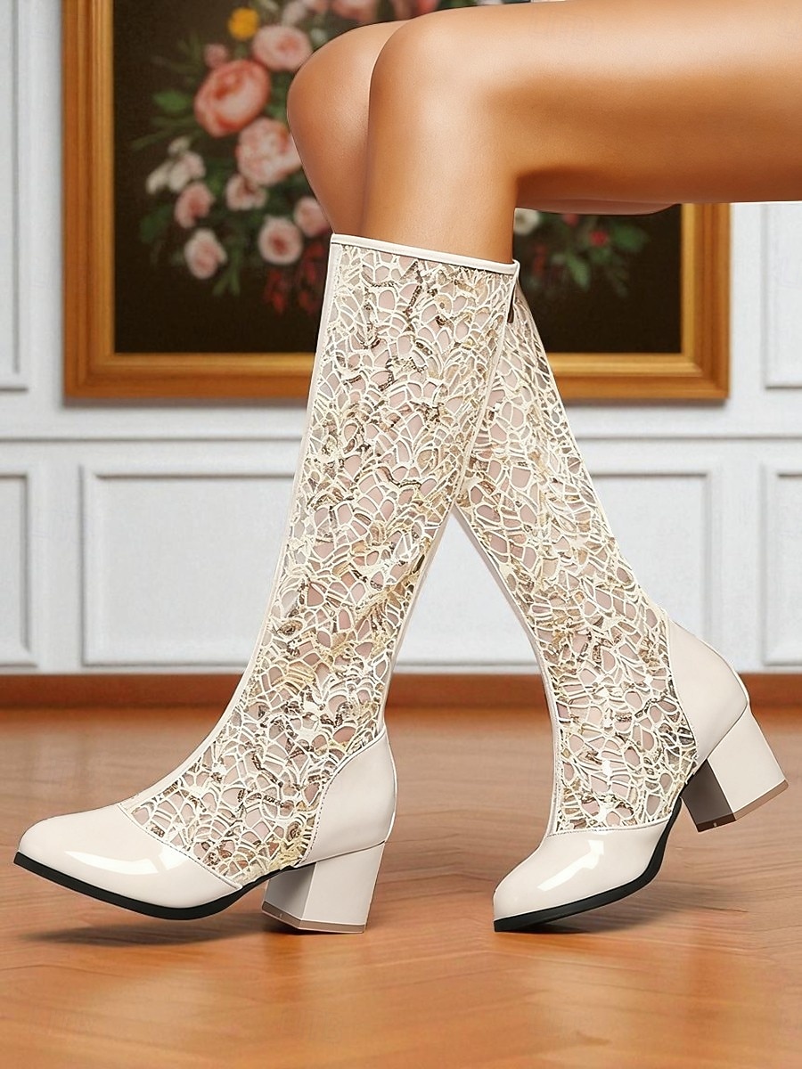 stivali da donna a metà polpaccio con pizzo blu e tacco a blocco - eleganti stivali vintage retrò in rete per matrimoni, feste &costumi cosplay del 2026 a $64.99 –P3