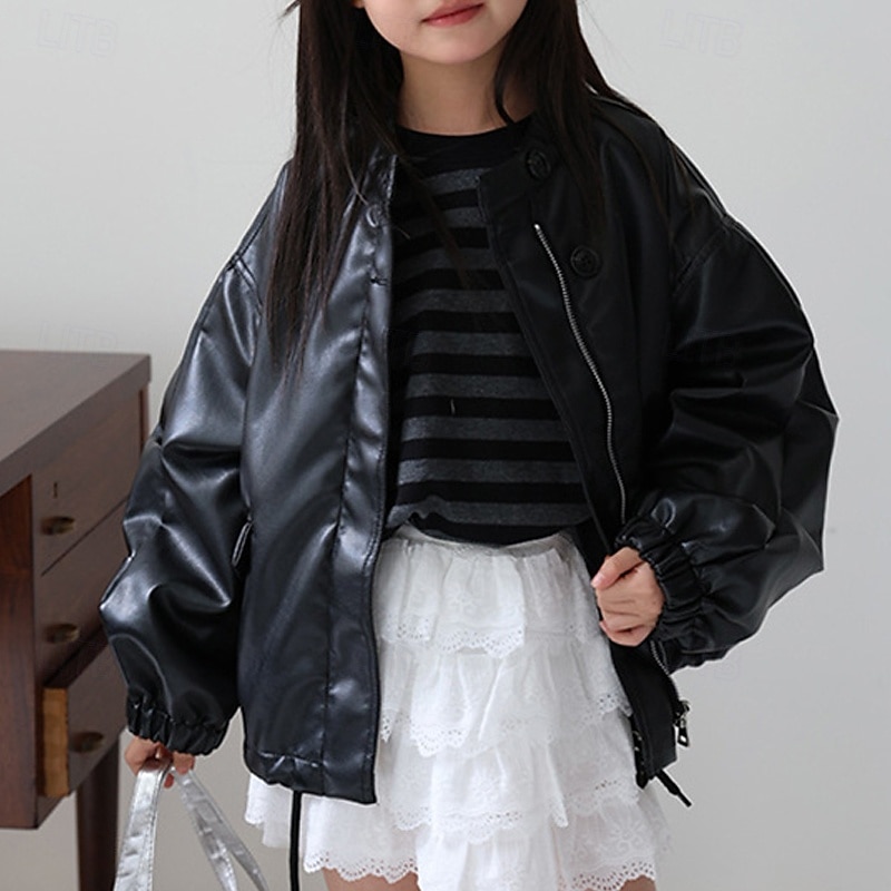 Gyerekek Lány Fekete bőrdzseki Jakna Tömör szín Divat Cipzár Zseb Szabadtéri Kabát Felsőruházat 4-12 év Ősz Fekete Arcpír rózsaszín 2025 - $38.99 –P4