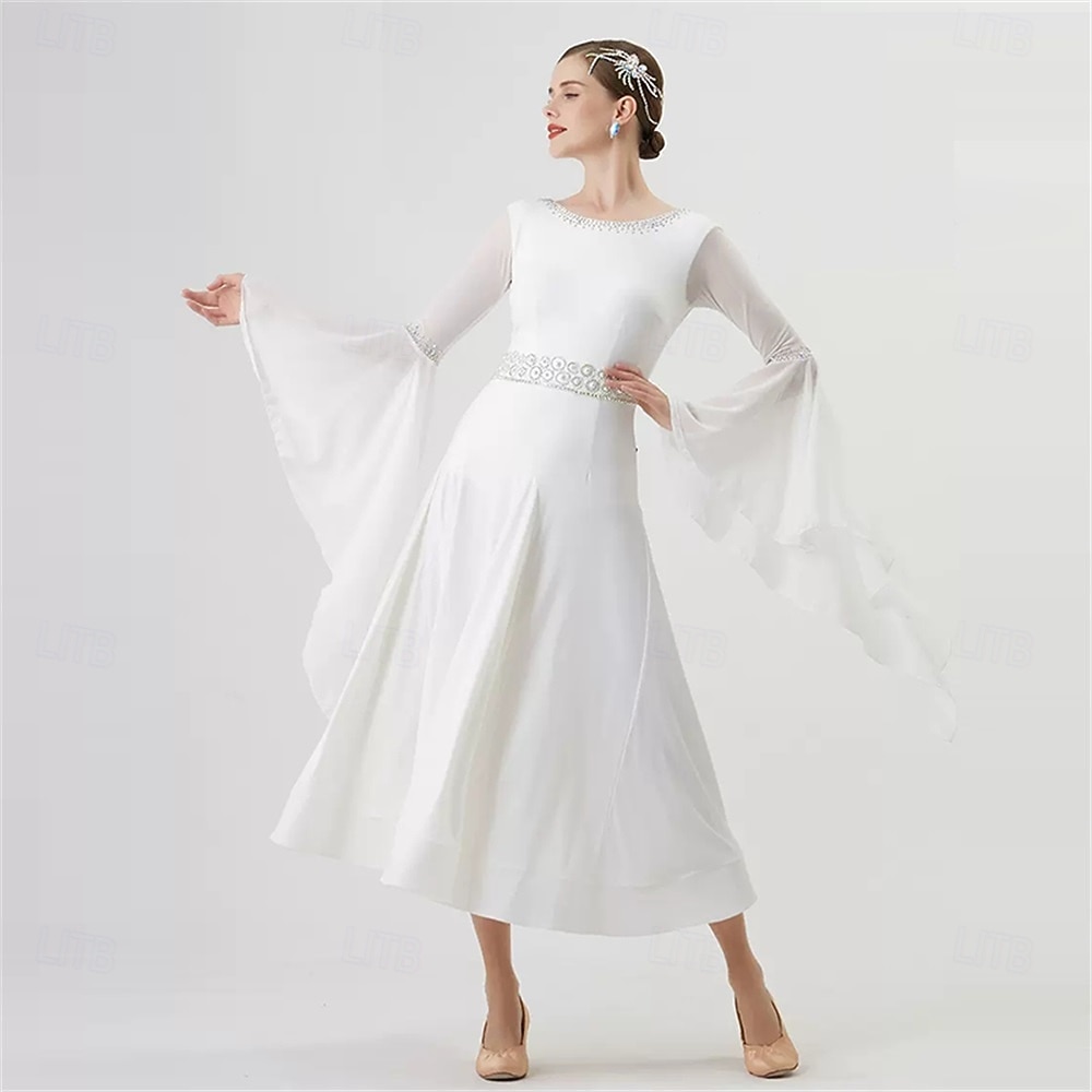 Robe de danse de salon pour femme, manches longues, taille strass, élégante, pour valse, tango, foxtrot, compétition – blanche de 2025 ? $236.09 –P2