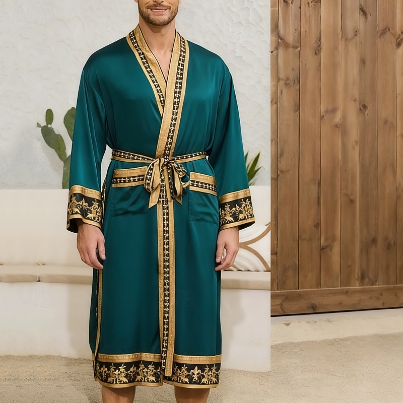 Homme Pyjamas Robe en soie Vêtements de Nuit Robe de bain Impressions Graphiques Mode Élégant Classique Maison Quotidien Lit Polyester Confort Doux Col en V manche longue Ceinture Incluse Printemps de 2026 ? $59.99 –P3