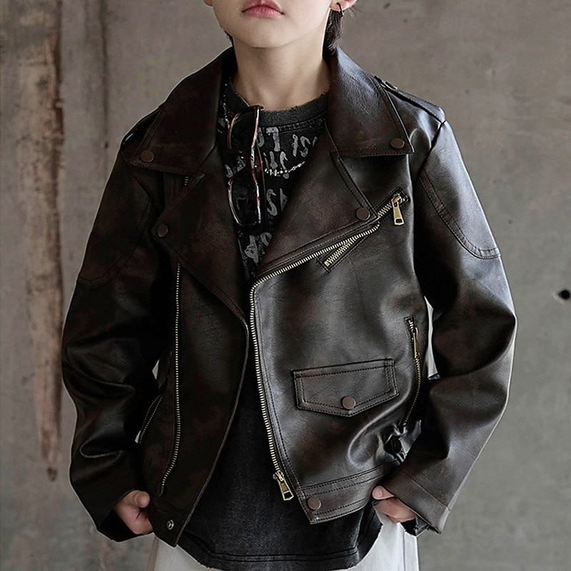Niños Chico Chaqueta de cuero negro Chaqueta Ropa de calle Plano Manga Larga Cerrar IMPERMEABLE Paravientos: Abrigo Diario Moda Casual Negro Marrón Primavera Otoño 4-12 años 2026 - $55.99 –P7