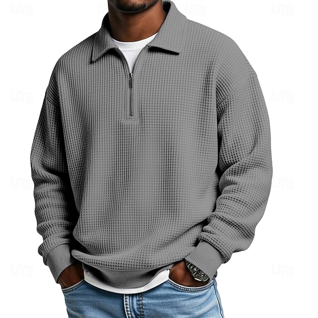 Herre Vaffel poloskjorter Kvart zip-polo utendørs Avslappet Quarter Zip Langermet Mote Moderne Helfarge Med Tekstur Strikket Vår & Vinter Alle årstider Løstsittende Svart Hvit Navyblå Mørkegrønn 2025 - $23.99 –P6