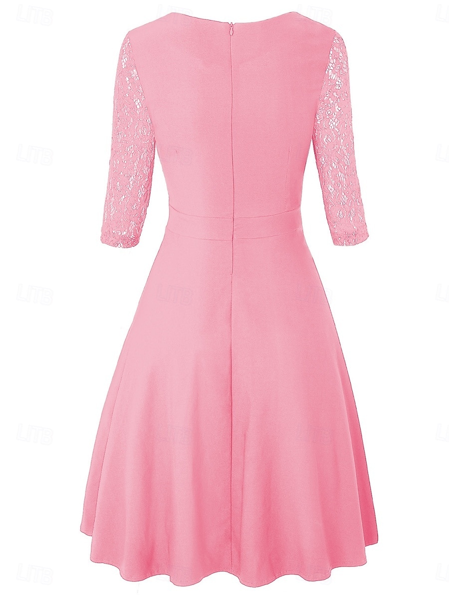 Women's Mini Dress A Line Dress Elegant Party Cocktail Outdoor Party Wedding Lace Patchwork Regular Fit Solid Color 3/4 Length Sleeve Square Neck Pink Wine Red 2026 - BHD 17.02 –P11