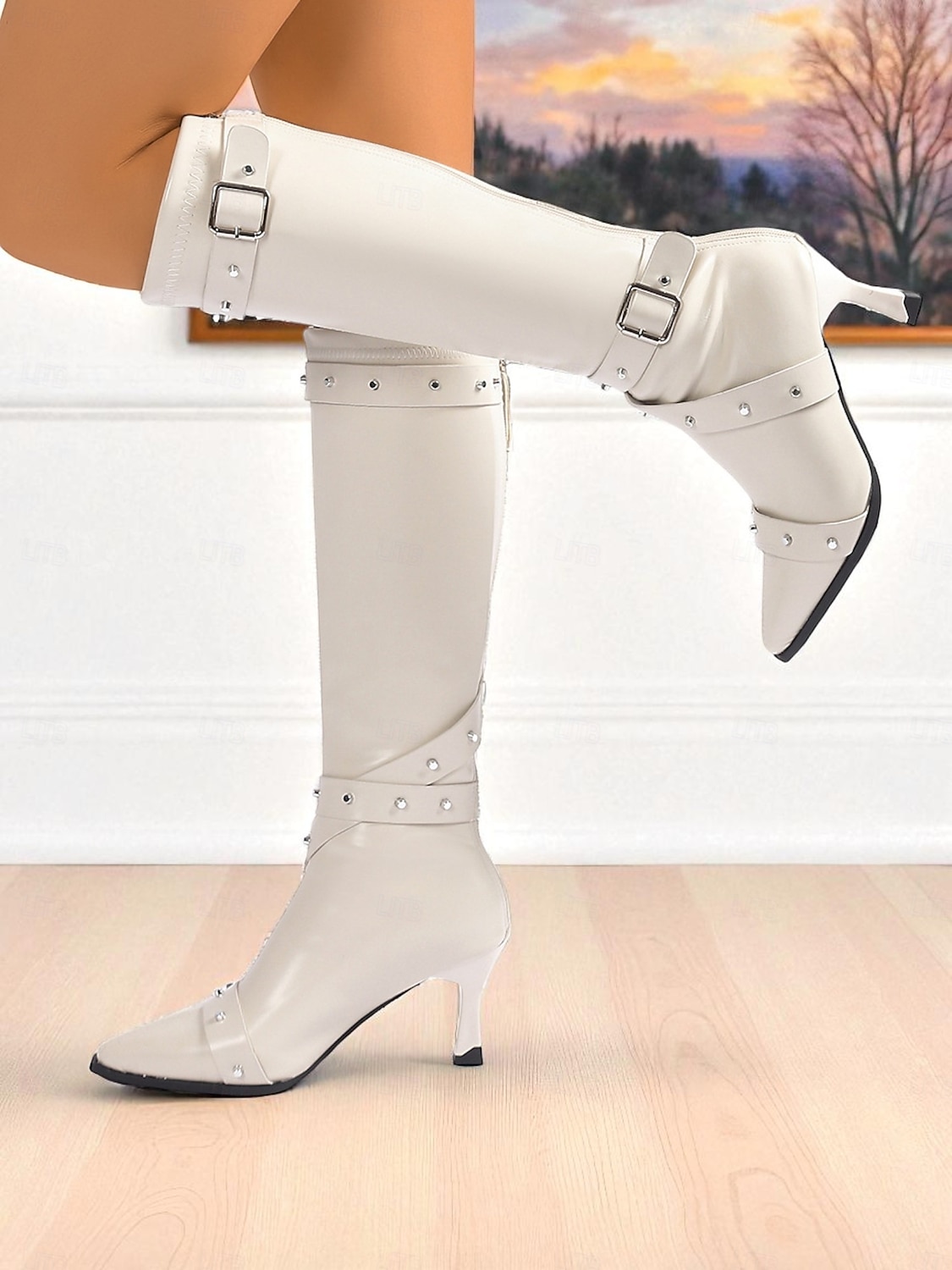 stivali neri alti fino al ginocchio da donna con cinturini con fibbia borchiata e punta affilata, stivali con tacco in stile punk gotico per le uscite serali &feste cosplay del 2026 a $54.99 –P3