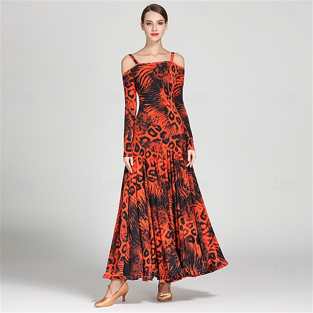 Animal Print Off-Shoulder Ballroom Dance Dress for Women - Long Sleeve A-Line Gown for Competitions, Latin, and Dance Events 2026 - $131.99 –P9