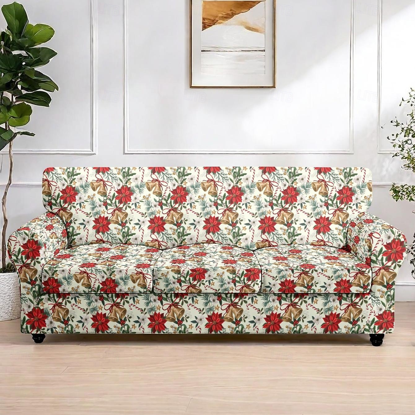 Fundas navideñas para sillones y sofás, confeccionadas en poliéster elástico teñido con hilo, con diseño de plantas, ideales para la decoración navideña del hogar. 2025 - $29.99 –P6