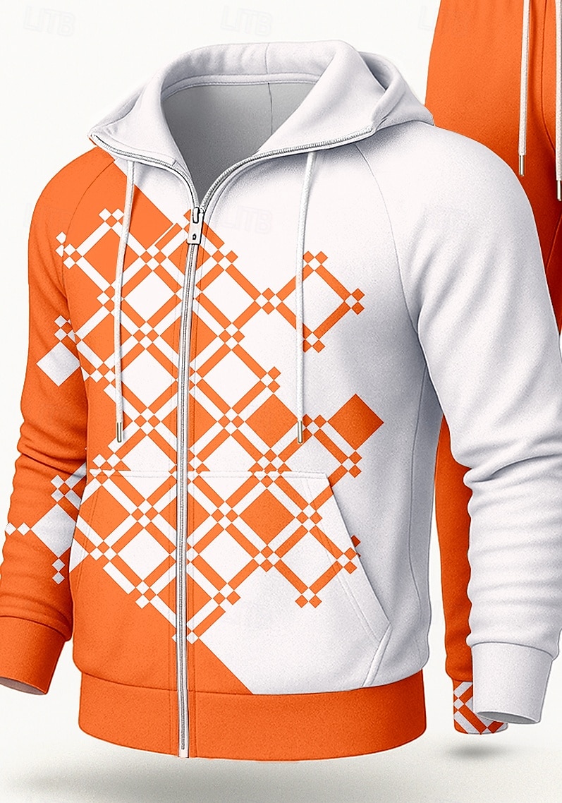 Ανδρικά Φούτερ με Κουκούλα Φόρμα Φόρμα 2 τεμαχίων Κορδόνι Κουμπώσου Γεωμετρικό Ρούχα σύνολα Φθινόπωρο Χειμώνας Μπλε Πορτοκαλί Επάγγελμα Για Υπαίθρια Χρήση Ταξίδια Ελαφρύ Μοντέρνα Μακρυμάνικο 2026 - $47.99 –P3
