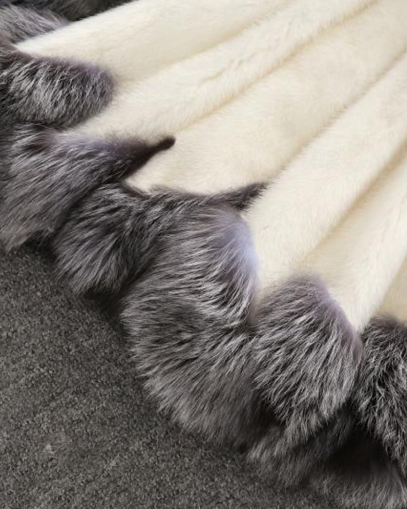 Dame Fuskepels Hold Varm Bekvem Lapper Lomme Knapper Pelskrage Mote Fargeblokk utendørs Feriereise Ferie Ut på byen Lang Med hette Normal Langermet Yttertøy Svart Hvit Høst Vinter 2026 - BHD 23.46 –P8