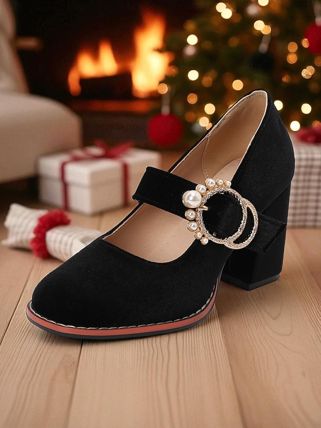 Gröna Mary Jane-klackar i sammet med grov blockklack och pärlspänne - vintage retro-skor från 1950-talet för damer, perfekta för julfester och bröllop. &kvällsevenemang 2026 - $54.99 –P5