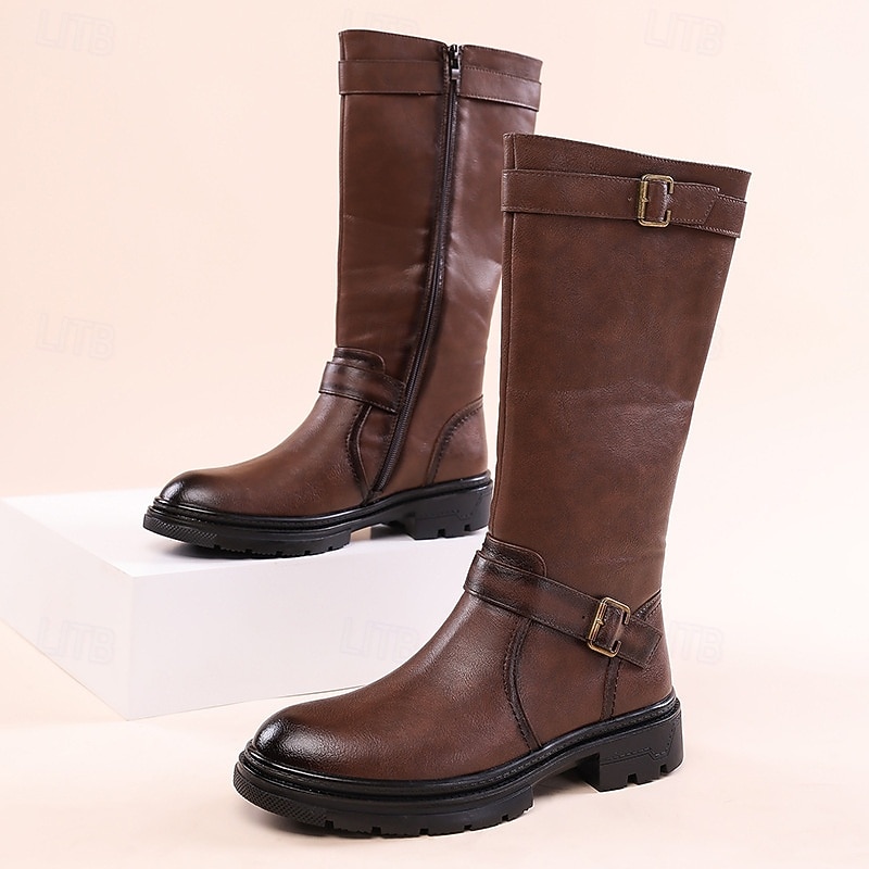 Bottes d'équitation montantes en similicuir marron pour homme avec sangle à boucle, bottes hautes équestres vintage pour la mode et les costumes de 2025 ? $69.99 –P14